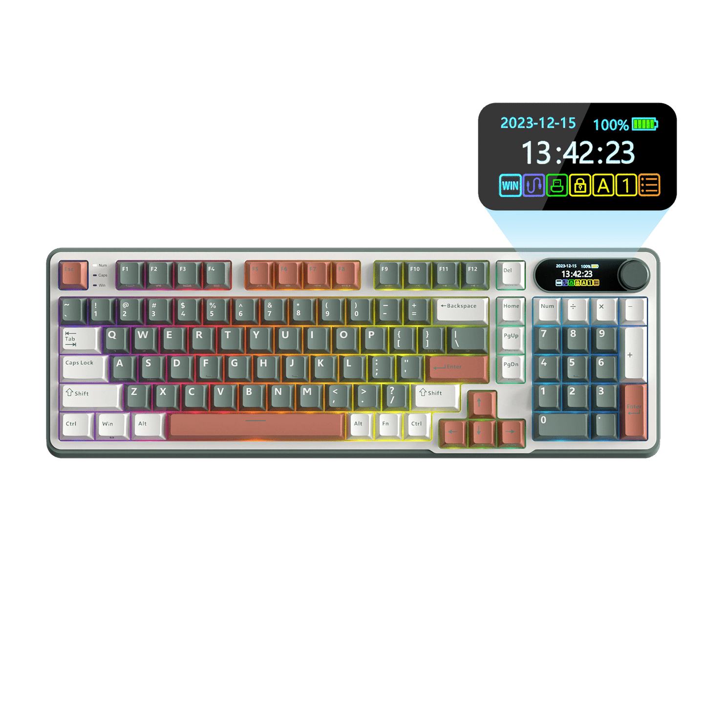 Close-up view of the RK ROYAL KLUDGE S98 Wireless Hot-Swappable RGB Keyboard in Clay Green with number pad, showcasing the RGB backlit keys and volume knob for media control