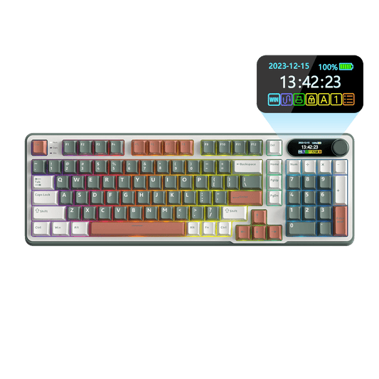 Close-up view of the RK ROYAL KLUDGE S98 Wireless Hot-Swappable RGB Keyboard in Clay Green with number pad, showcasing the RGB backlit keys and volume knob for media control