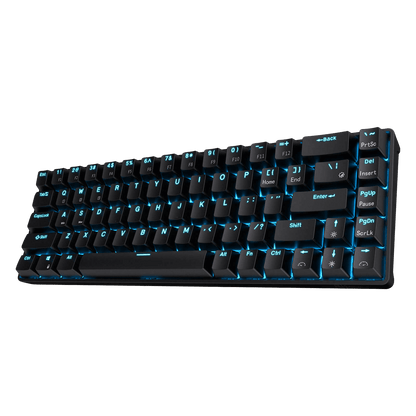 RK68 65% Wireless Mechanical Keyboard with compact 68-key layout, comparing size to standard full-size keyboards