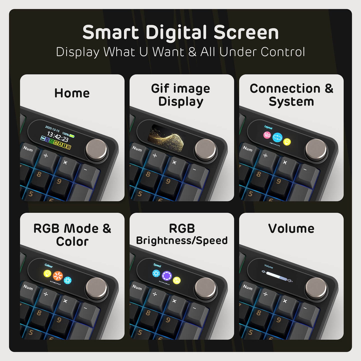 Close-up of RK S98 Black Mechanical Keyboard featuring Top Mount Design and Customizable Smart LCD Screen.