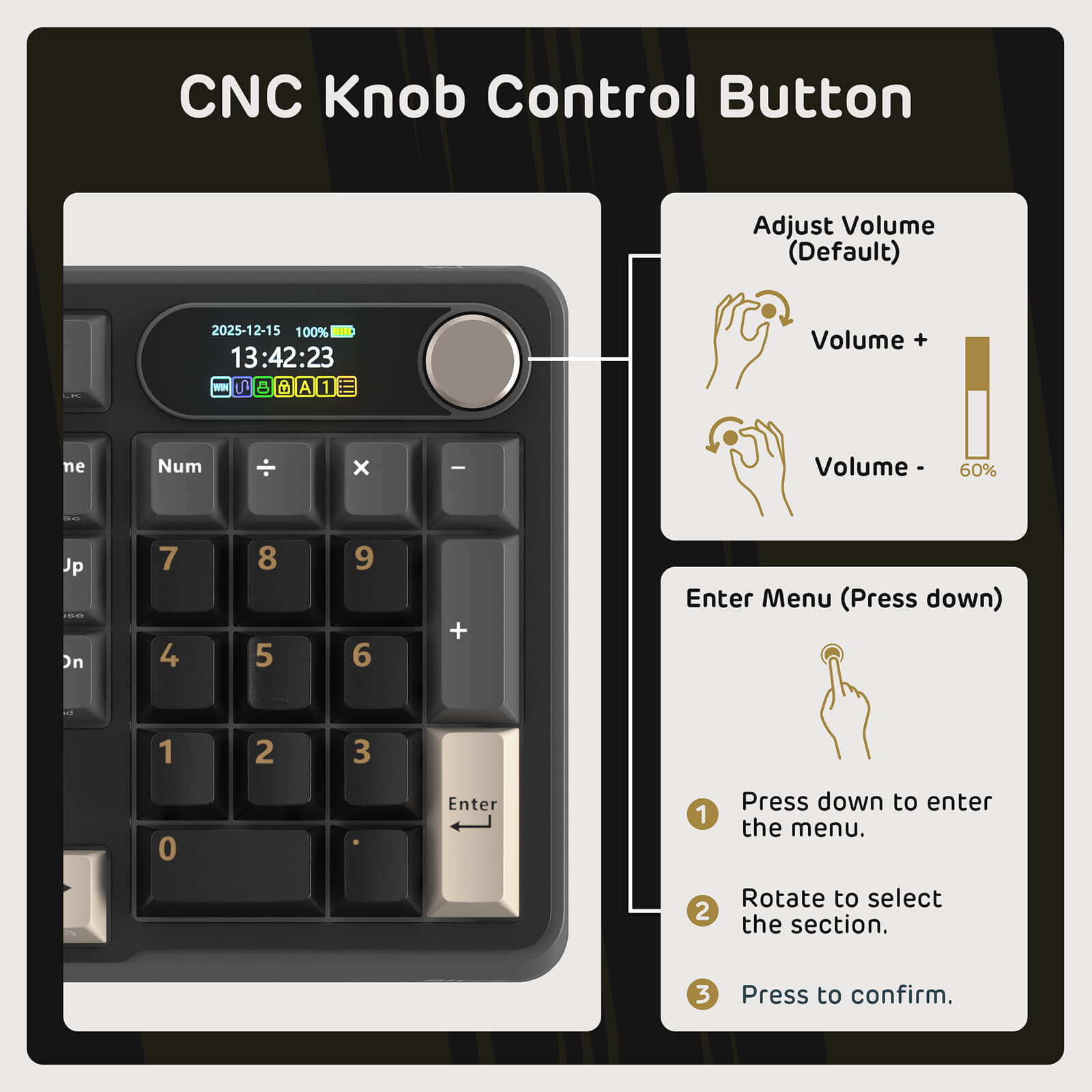 Royal Kludge RK S98 96% Wireless Mechanical Keyboard CNC knob control button with digital display and keypad on a black background