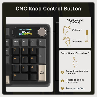 Royal Kludge RK S98 96% Wireless Mechanical Keyboard CNC knob control button with digital display and keypad on a black background