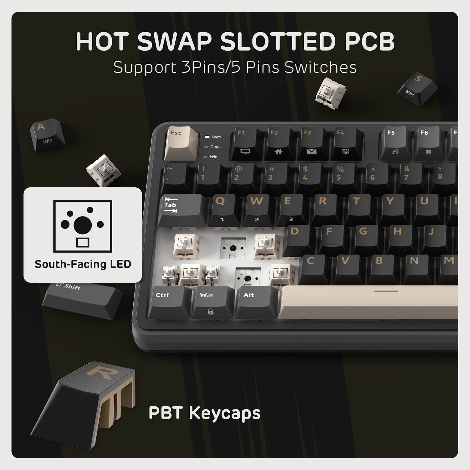 Mechanical keyboard with hot swap slotted PCB, PBT keycaps, and South-facing LED feature on a dark background.