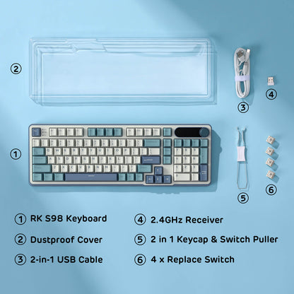 RK S98 keyboard set with dustproof cover, 2.4GHz receiver, USB cable, keycap & switch puller, and replace switches on a blue background.