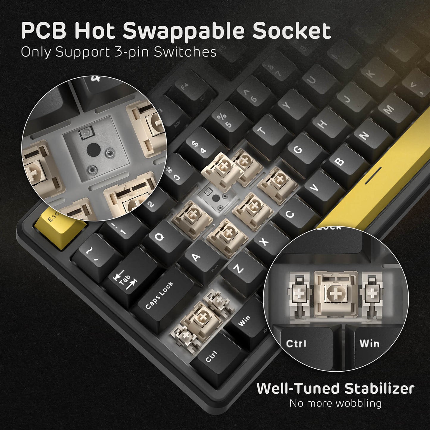Keyboard with PCB hot swappable socket and close-up details on a dark background