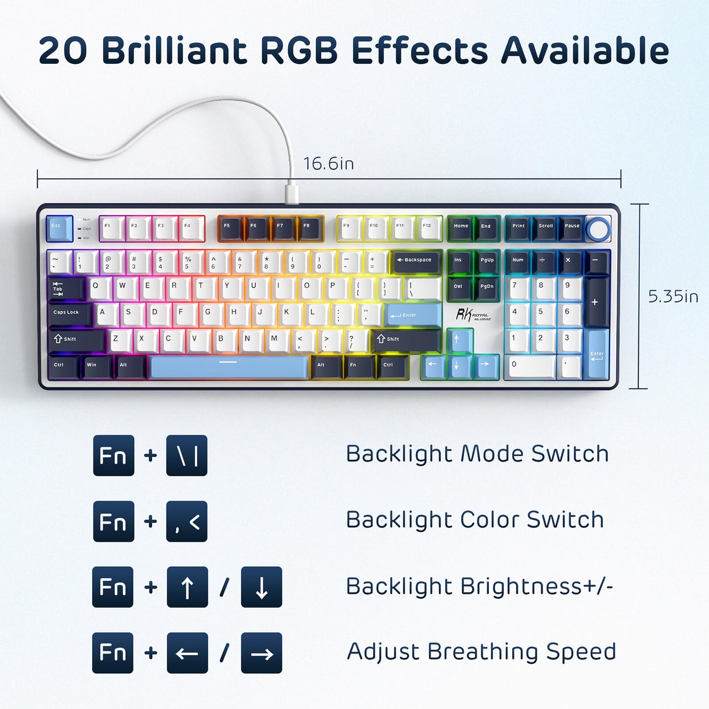 RK X104 Gaming Keyboard with RGB lighting effects and control options on a white background