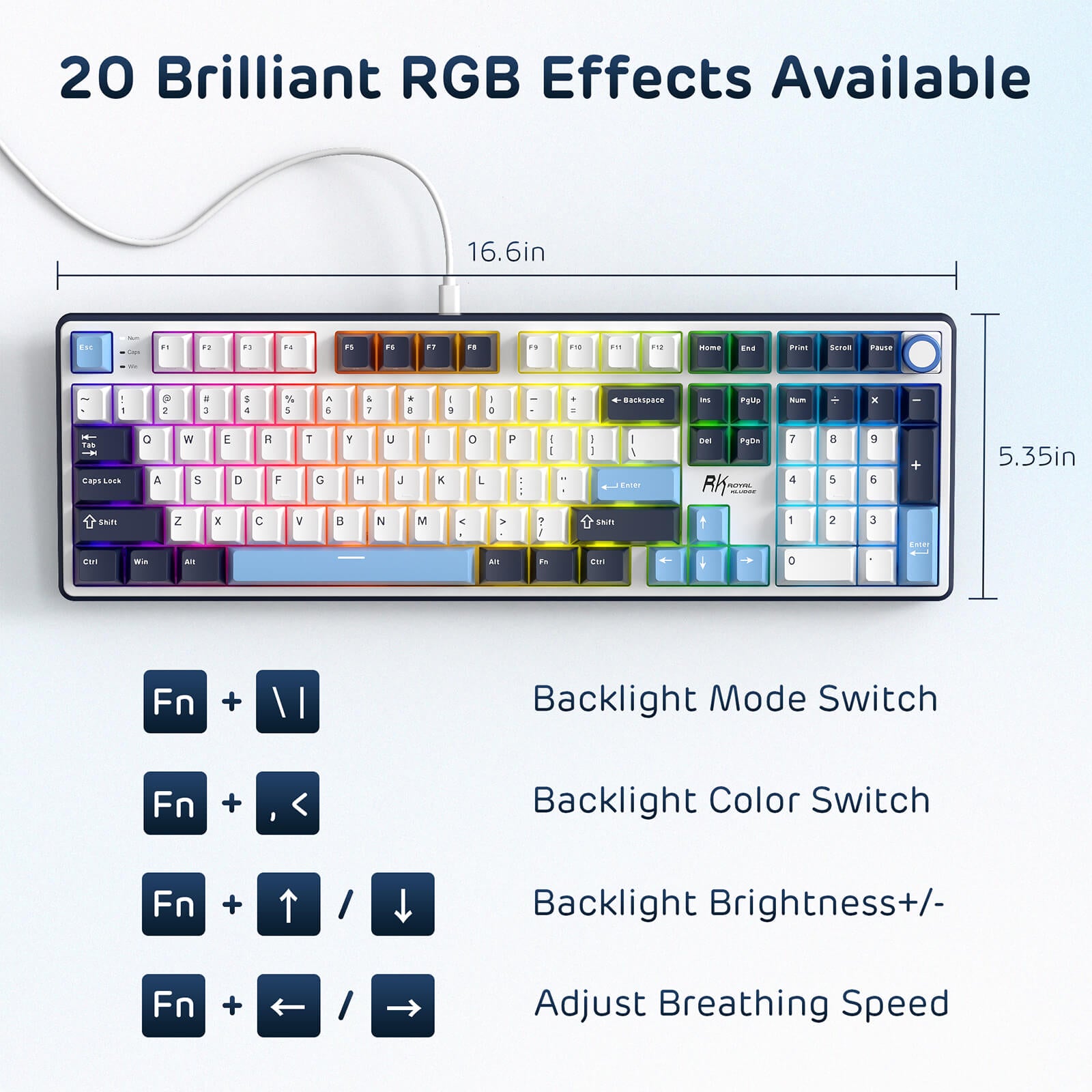 RK X104 Gaming Keyboard with RGB lighting effects and control options on a white background