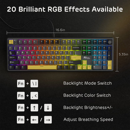 Keyboard with RGB lighting effects and control options on a dark background
