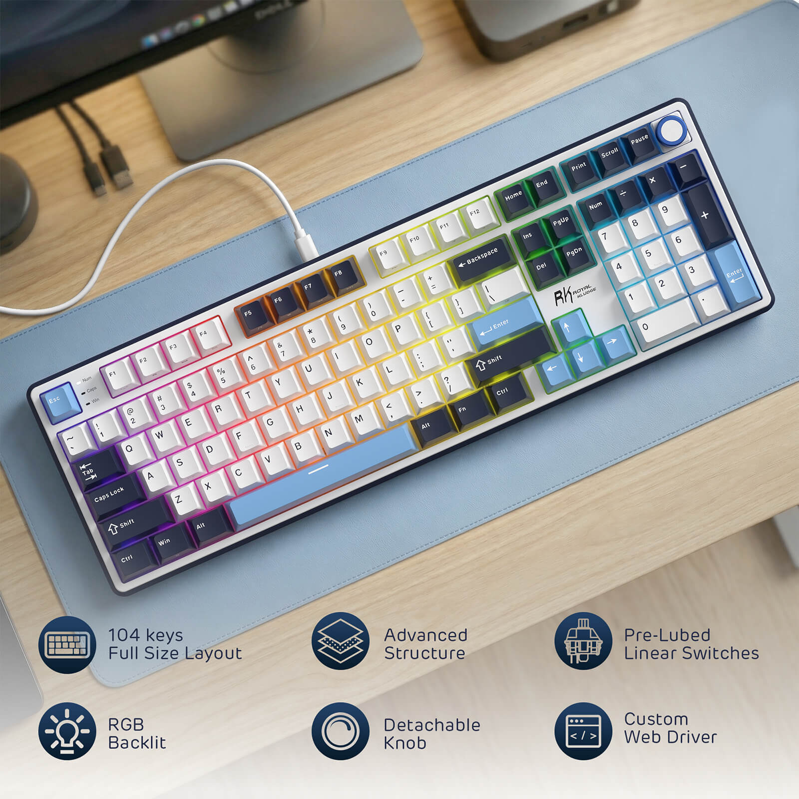 Colorful keyboard on a desk with features highlighted
