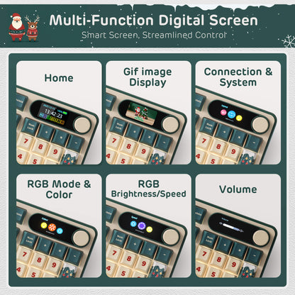 Multi-function digital screen with various control options on a festive background