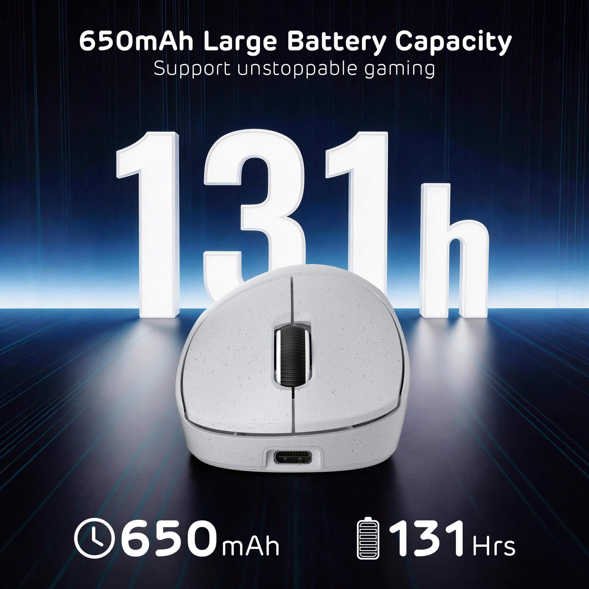 White computer mouse with battery capacity text on a dark background