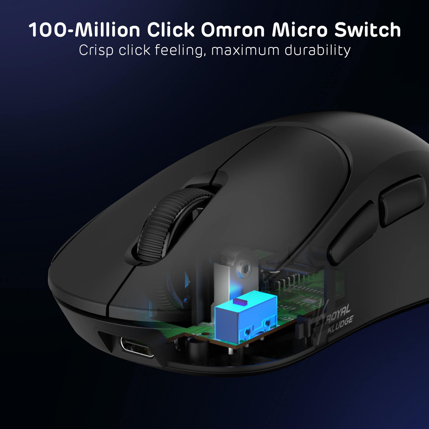 Black mouse with open side panel showing electronic components on a dark background