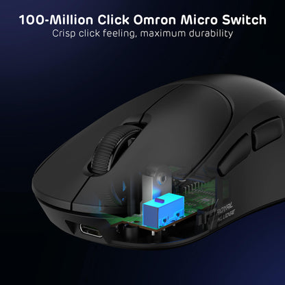 Black mouse with open side panel showing electronic components on a dark background