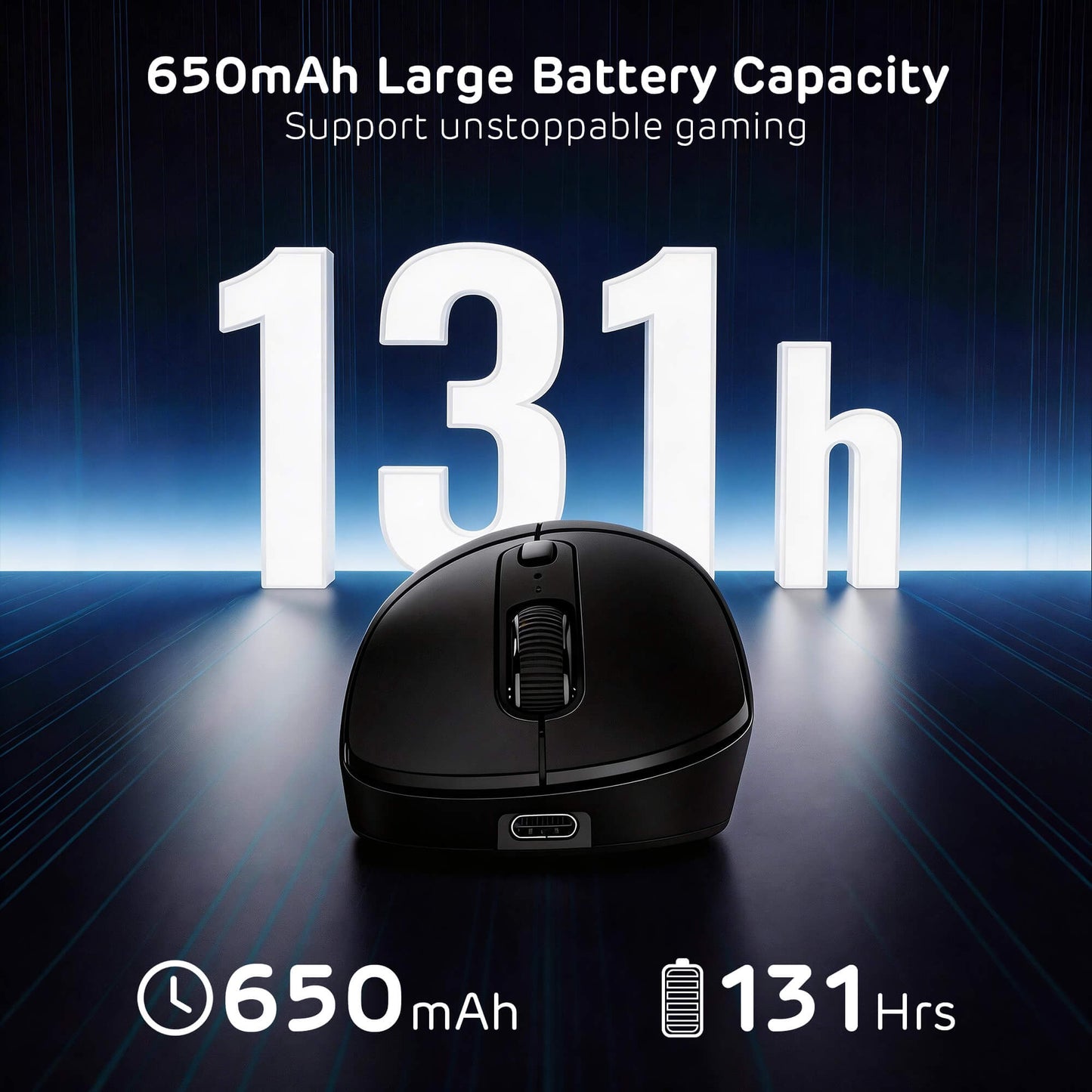 Black gaming mouse with 650mAh battery capacity and 131-hour usage time on a dark background.