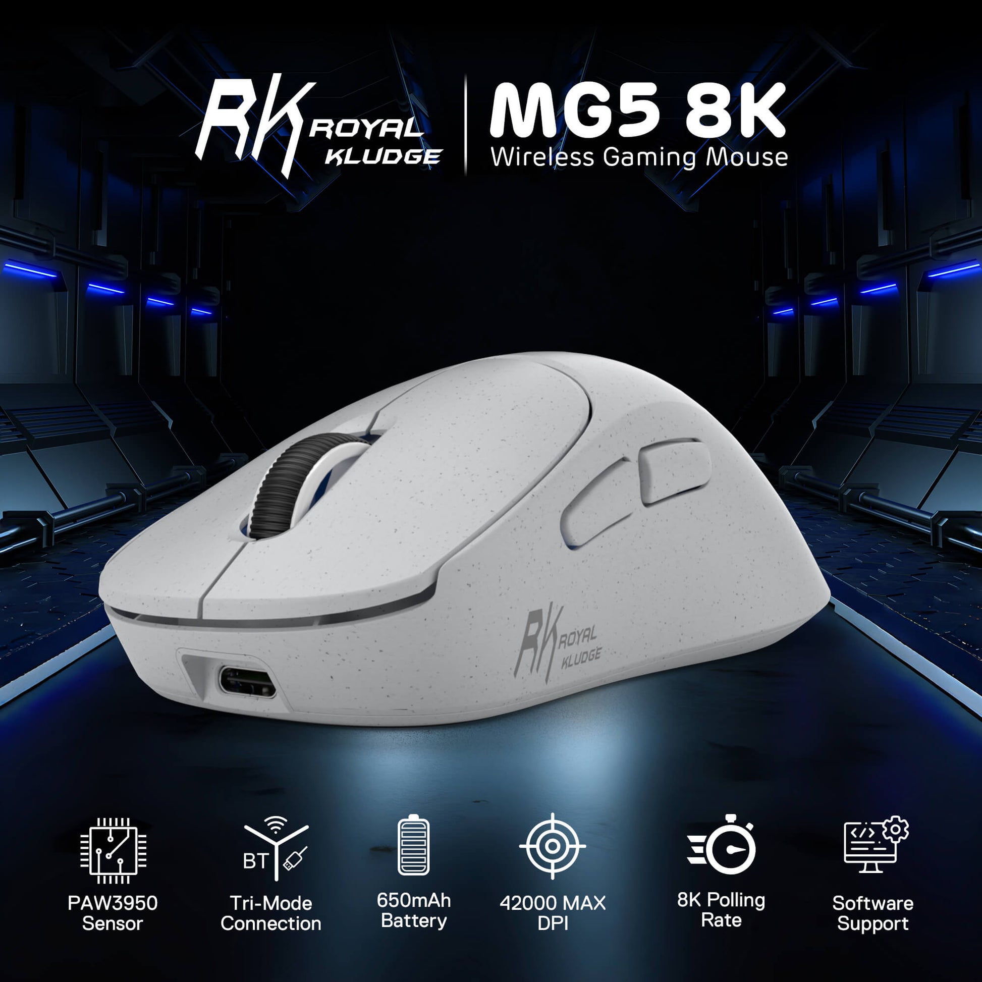 RK Royal Kludge MG5 8K wireless gaming mouse with specifications on a dark background