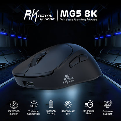 RK Royal Kludge MG5 8K wireless gaming mouse with specifications on a dark background