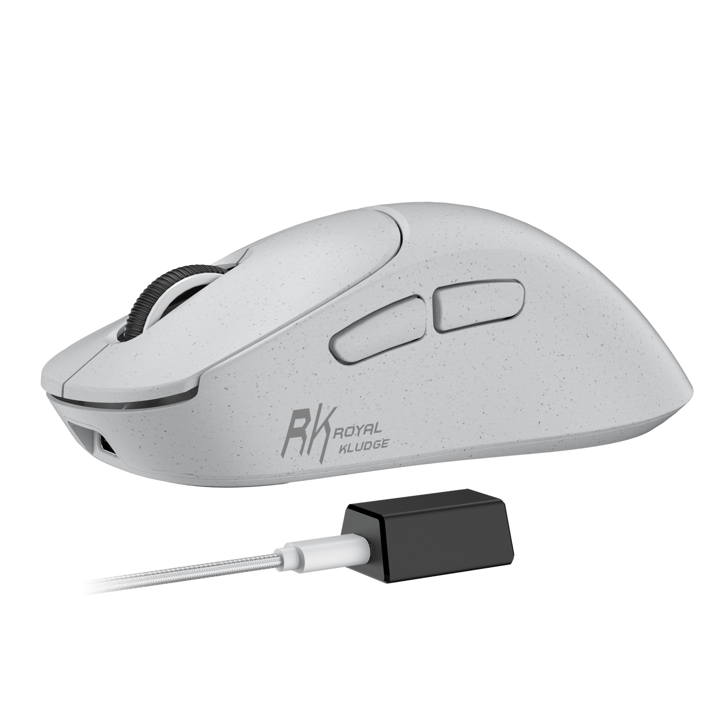 Gray gaming mouse with wireless receiver on a black background