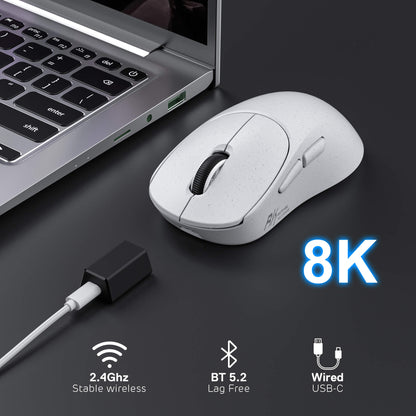 RK MG5 wireless gaming mouse with 2.4GHz USB receiver on a dark surface, featuring 8K connectivity options.