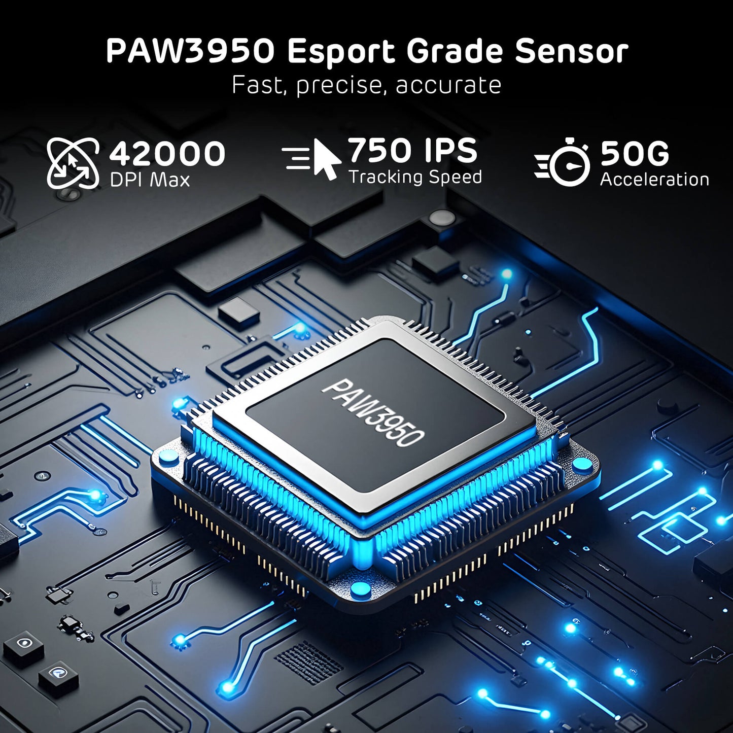 PAW3950 Esport Grade Sensor on a circuit board with specifications displayed.