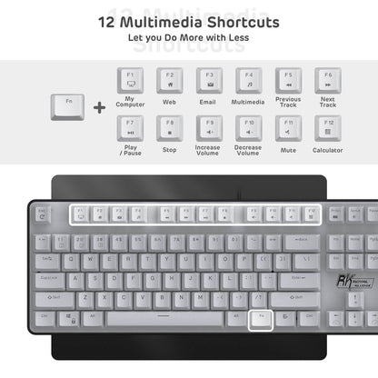 Royal Kludge RK920 mechanical gaming keyboard displaying 12 multimedia shortcuts