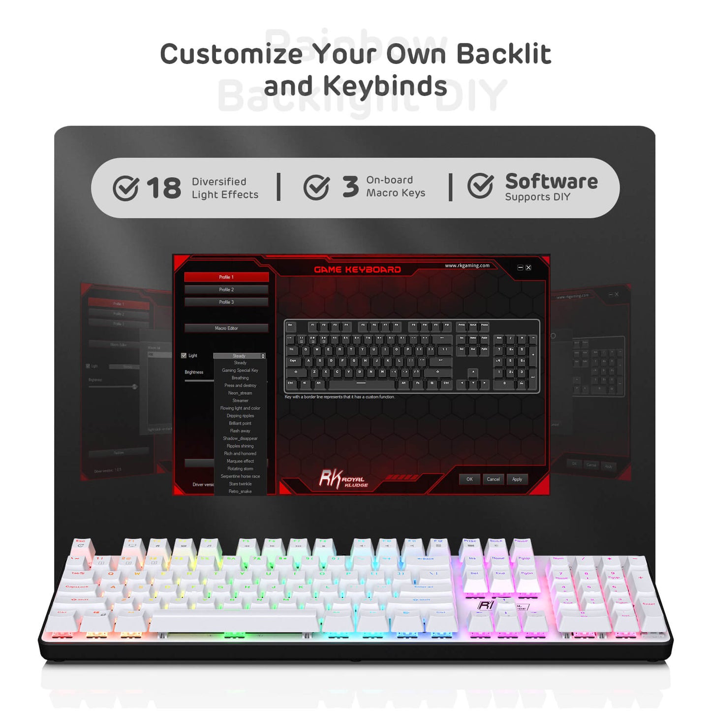 Full Size Mechanical Keyboard with customizable software, featuring 18 light effects, 3 on-board macro keys, and software support for personalized settings