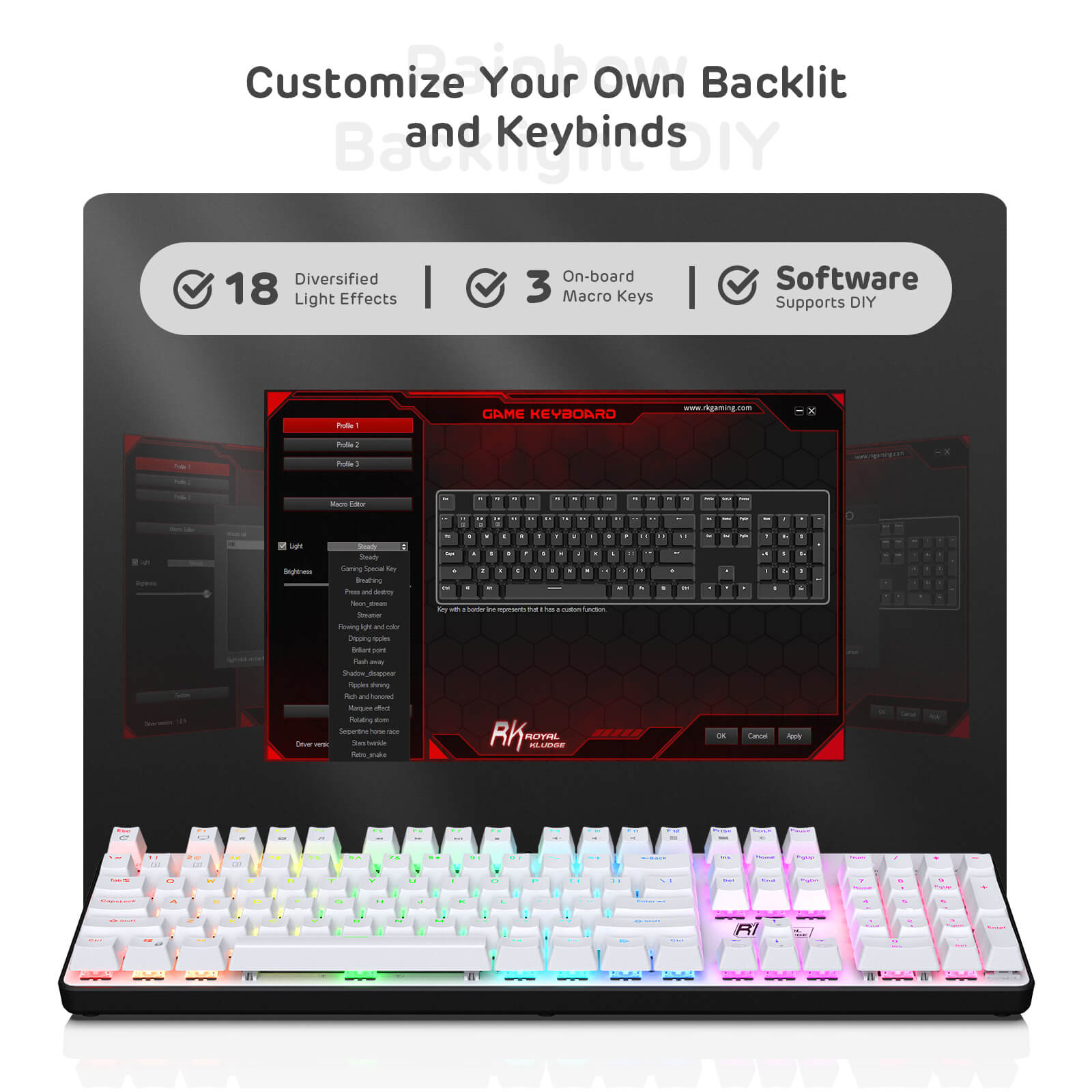 Full Size Mechanical Keyboard with customizable software, featuring 18 light effects, 3 on-board macro keys, and software support for personalized settings